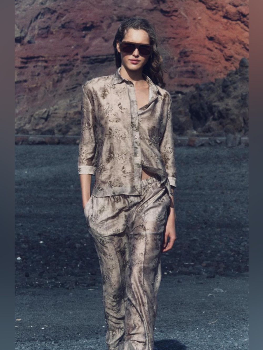 NWOT Zara Embroidery Bead Matching Set Shirt/Pants brown Marble Embellished L